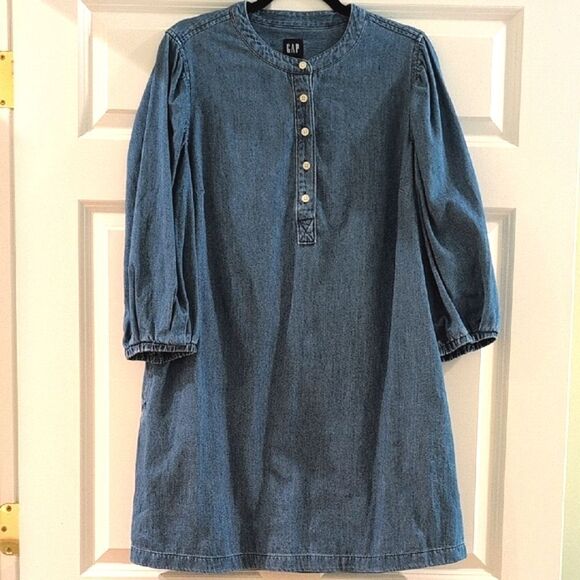 GAP Medium Wash Denim 3/4 Length Puff Sleeve Dress Size L - Picture 12 of 12
